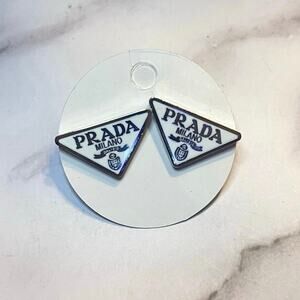 PRADA Triangle Logo Stud Earrings – Pierced, Stamped - White/Silver
